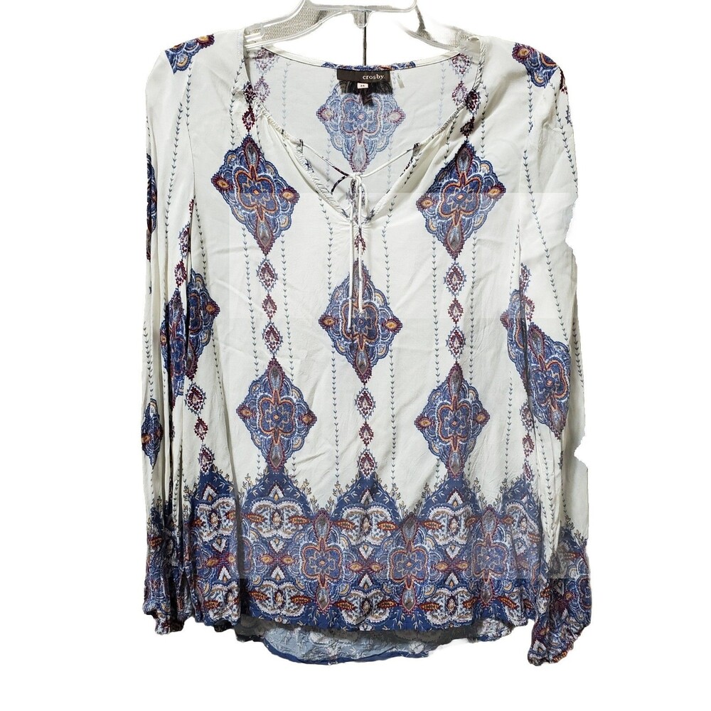 crosby. Long Sleeve Tie-Front Printed Peasant Blouse Size Medium Boho Hippie